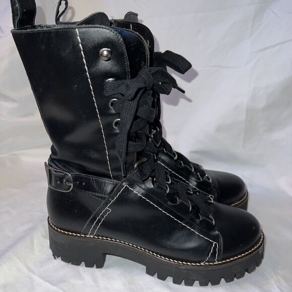 Zara Chunky Ankle Boots Womens 7 38 Black Combat Shoes Lace Up Platform‎ Wedge - Picture 1 of 7